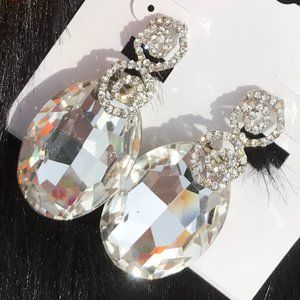 Large Boho Earrings Drop Faux Crystal Bling Dressy Silvertone Post Dangles NWT